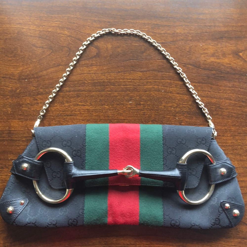 Gucci Blk Canvas GG Horsebit Clutch Shoulder Bag